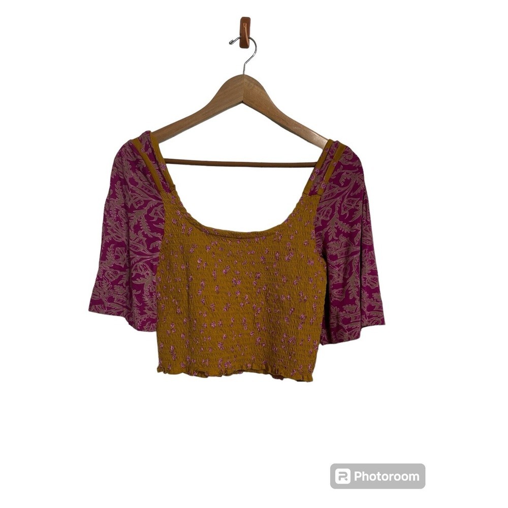 Free People Mustard Yellow and Magenta Cropped Smocked Top
